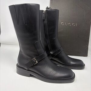 Gucci Idrocalf Leather Buckle Riding Boots Black Size 37 | Made‎ in Italy COA